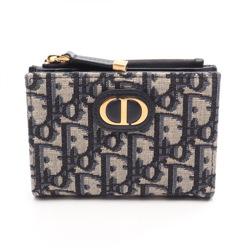 Christian Dior Montaigne Dahlia Oblique Wallet Leather Canvas Navy Blue Beige